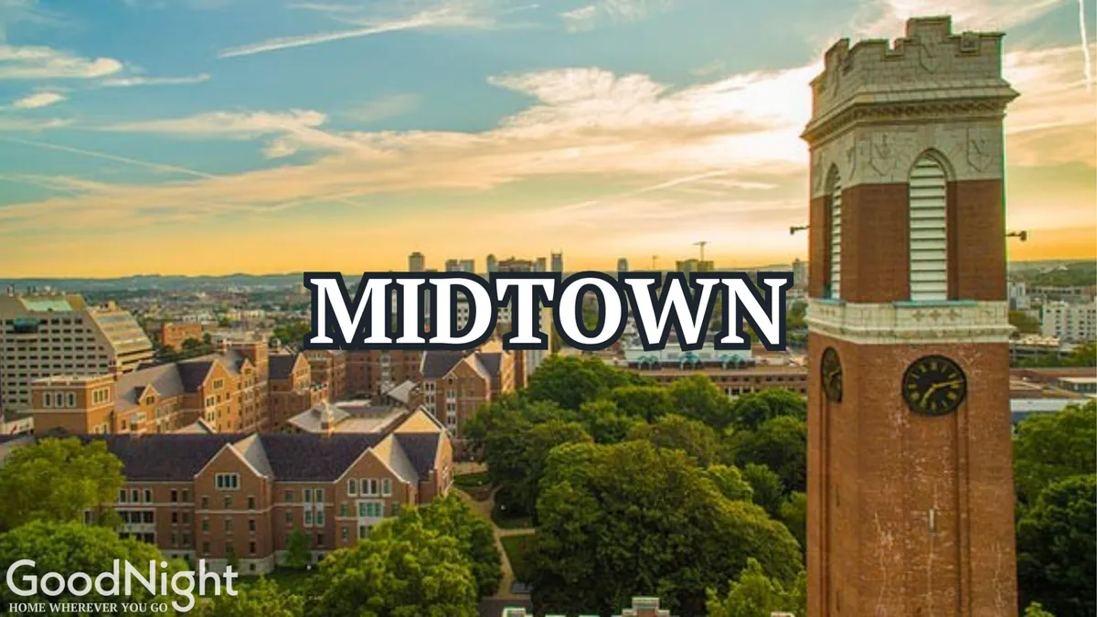 A panoramic city view with the clock tower, lush greenery, and Nashville’s skyline in the background. The setting suggests easy access to the city’s vibrant sights, from historical landmarks to bustling parks, and conveys an optimistic, energetic atmosphere.