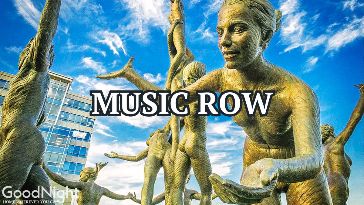 The exterior shot highlights the iconic 'MUSIC ROW' sign with bronze sculptures against the sky, inviting exploration of Nashville's renowned music district. The atmosphere is celebratory, capturing the area's creative and communal spirit.